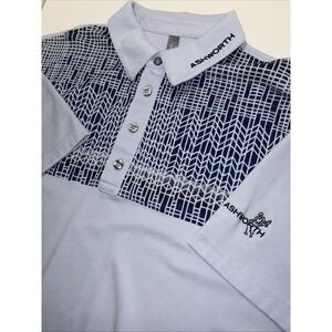 Ashworth Men's L Golf Polo Shirt Short Sleeve Block Print Blue Embroidered